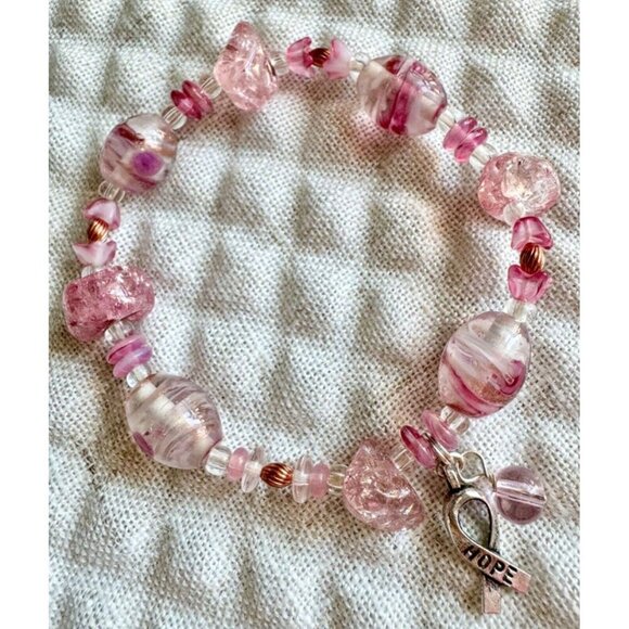 New Handmade Pink Beaded Breast Cancer Awareness Bracelet w/ Hope Charm - 7.5” - Picture 2 of 8